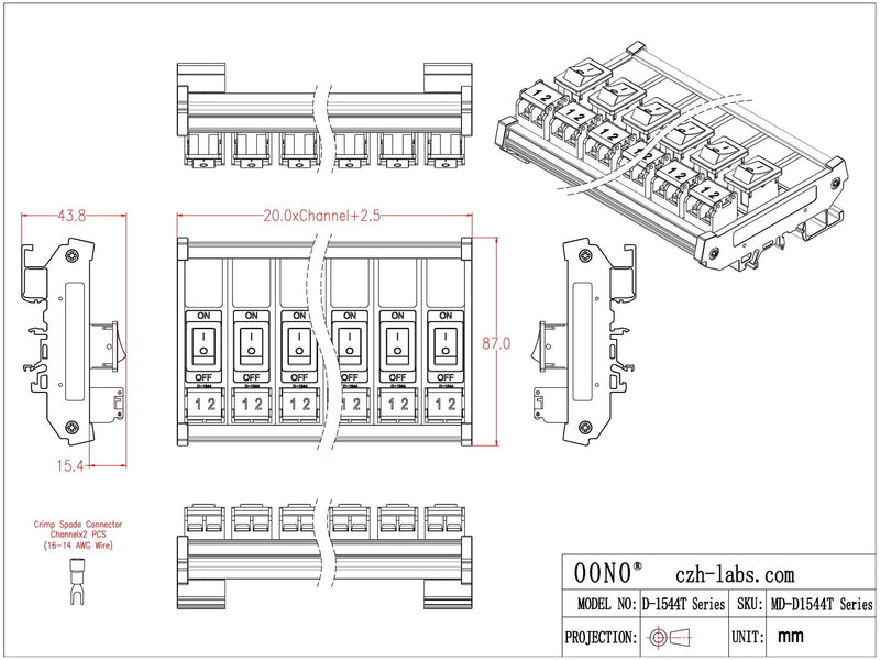 DIN Rail Mount Rocker Switch Module, 10Amp 250VAC/50VDC (8 Channel) 8 Channel