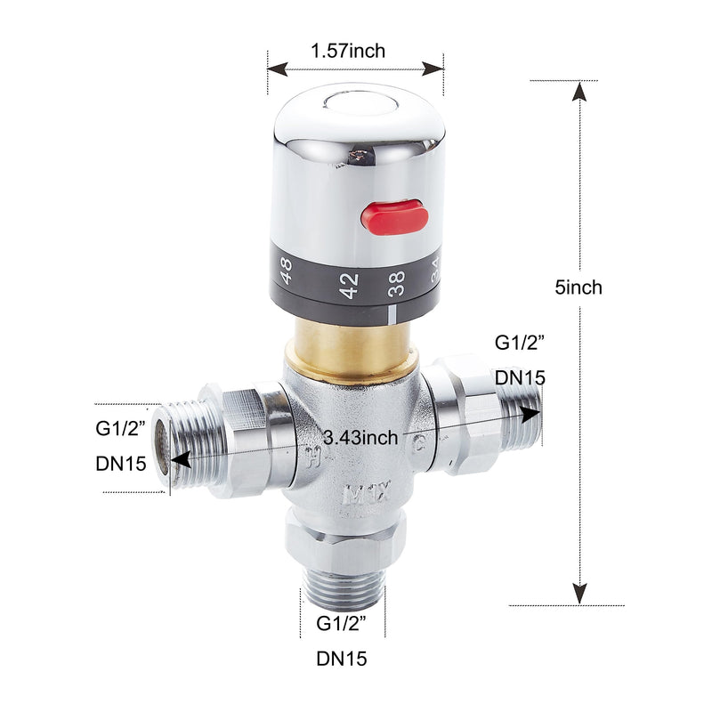 3 Way Thermostatic Water Mixing Valve DN15 Temperature Constant Control Hot and Cold G1/2 NPS Male Connections Anti Scald Temp Mixer Valves for Bathroom Under Sink Faucets Shower Bath Bidet (Chrome) Thermostatic valve