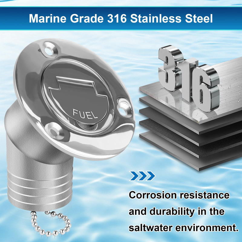 Boat Fuel Deck Fill/Filler with Keyless Cap with Screws, Marine Mirror Polished Stainless Steel Hardware Angled Neck for Boat Yacht Caravan 2inch Gas