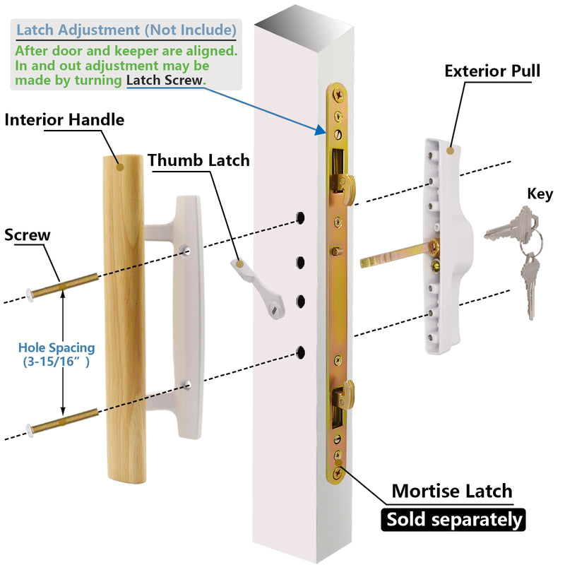 Sliding Glass Patio Door Handle Set with Key Cylinder, Fit for 45° Mortise Latch Lock Not Included, Oak Wood Inside Handles and Zinc Diecast Outside Pull, 3-15/16" Hole Spacing, White