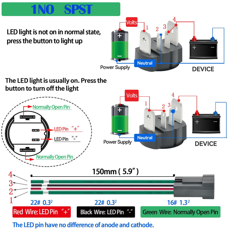 UL Listed 15Amp 16mm Latching Push Button Switch 12V-24VDC IP67 Waterproof; SPST 1NO, with LED Angel Eye Light; Stainless Steel 304 with Wire Socket Blue Latching, 12V-24V 5