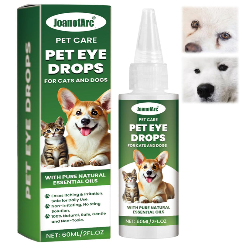 JoanofArc Pet Eye Drops for Cats & Dogs - Natural Safe Formula Soothes Itching, Dry Eyes & Tear Stains, Improves Vision Clarity, Gentle Cleaner for All Animals, 60ml