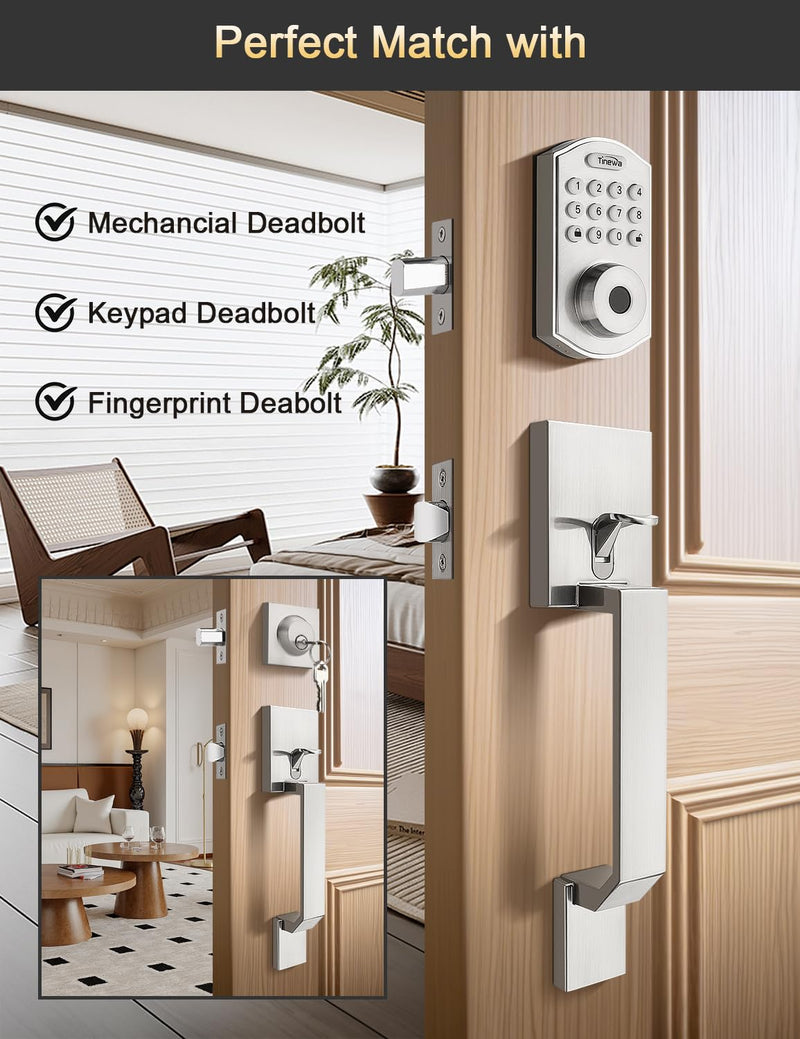 Square Brushed Nickel Front Door Handle with Classic Door Lever, Upgrated Exterior Door Entry Handle No Lock, Reversible for Left & Right Handed 1 Pack Satin Nickel
