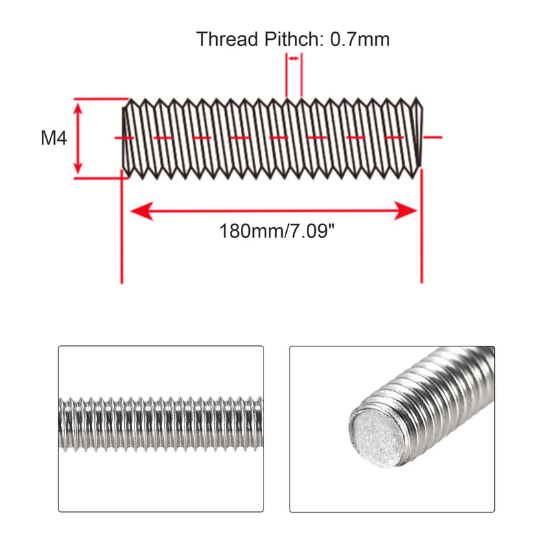 M4 x 180mm Fully Threaded Rod & Studs, 304 Stainless Steel Right Hand Threads Rods, M4-0.7 Thread Pitch for Anchor Bolts, Clamps, Hangers and U-Bolts 10pcs M4x180mm