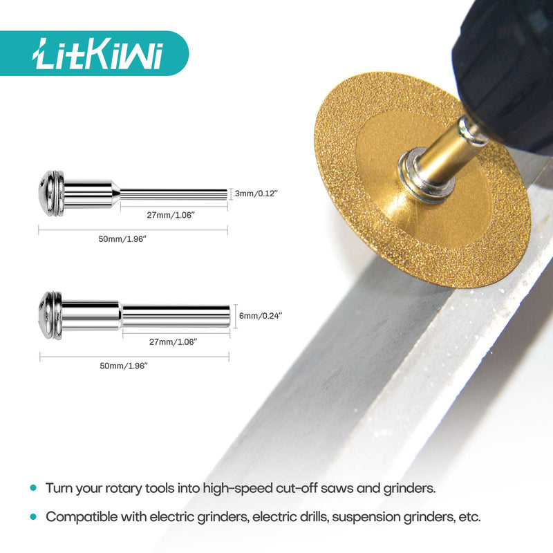 LitKiwi Mini Glasses Cutting Disc,1mm Ultra-Thin Diamond Cutting Blade Wheel,with 2 Sizes Round Mandrels,for Cutting Glass, Jade, Crystal, Ceramics and etc. 3PCS Diamond Blades & 2PCS Round Shanks