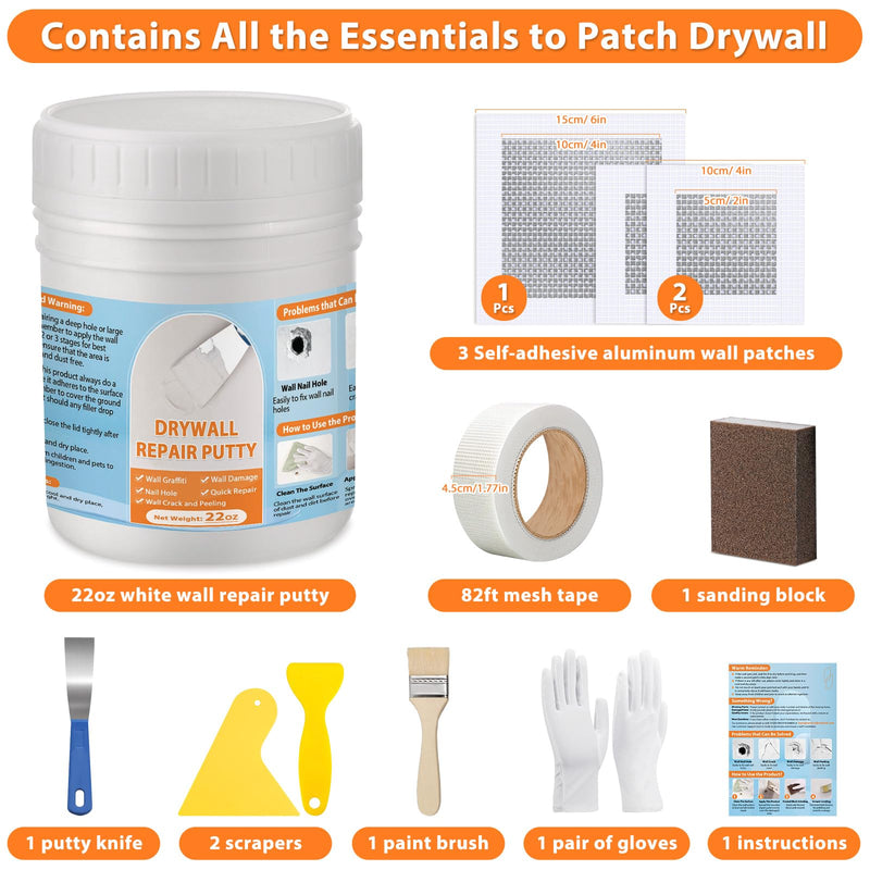 Dry Wall Patch Repair Kit, 22OZ Spackle Wall Repair Paste White Putty with Scraper Mesh Tape, Drywall Hole Repair Patch Kits for Wall Surface Fill Quick & Sheetrock Ceiling Crack Damage Mending