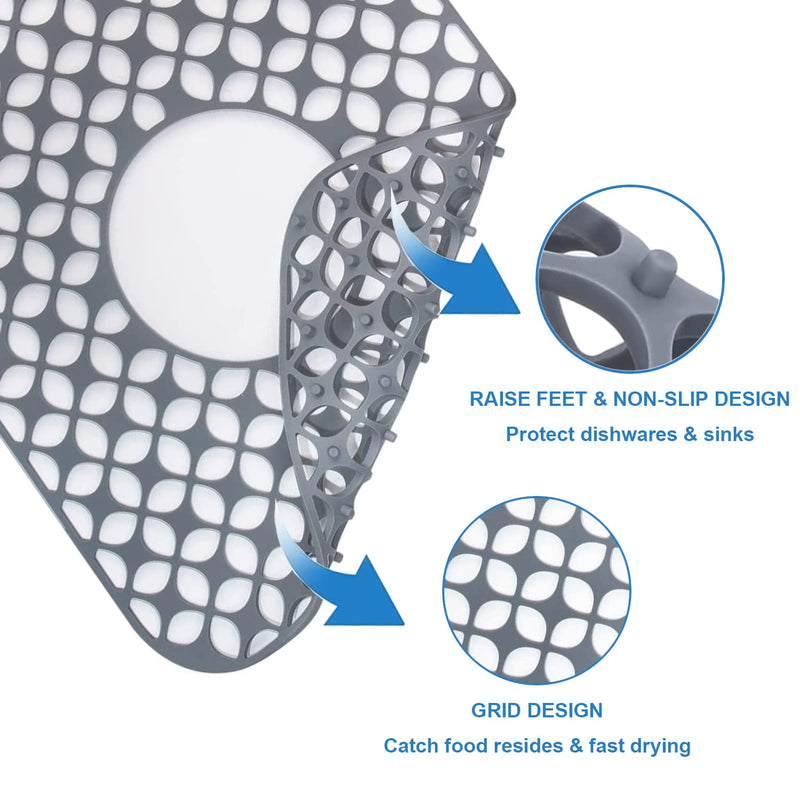 Sink Protectors for Kitchen Sink, SCITURE Sink Mats for Kitchen Stainless/Ceramic Sinks, Folding Non-slip Kitchen Sink Mat, Heat Resistant Silicone Sink Mat (1 Pcs, Grey, 13.58 ''x 11.6 '') Center Drain Sink