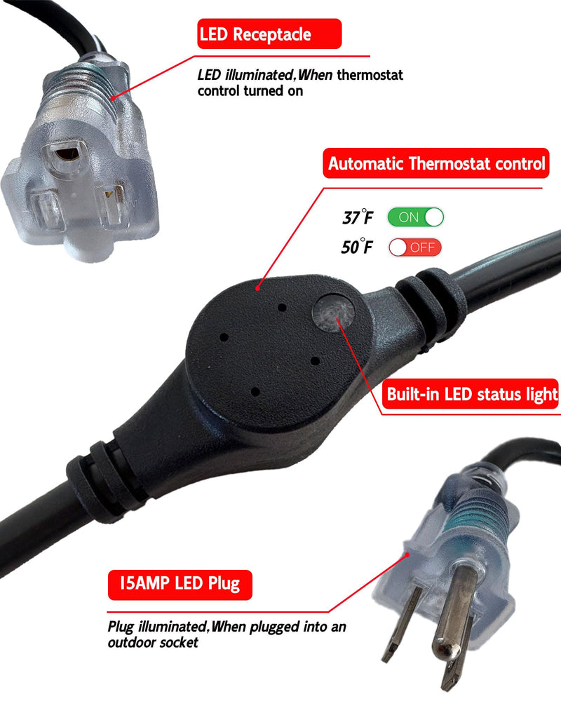 Thermostat Extension Cord – Outdoor Thermostat Plug Heat Tape Thermostat 120V 15A, 37°F On / 50°F Off, Compatible with Roof & Gutter Heat Cables and Pipe Heat Tape