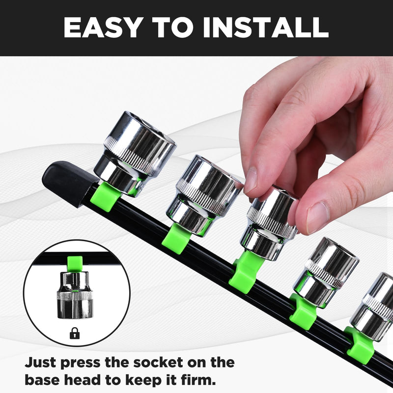 Socket Organizer, 1/4-Inch Drive Heavy Duty Socket Holder Kit ABS, Socket Rail 1/4-Inch x 16 Clips Green 1PC 1/4x1