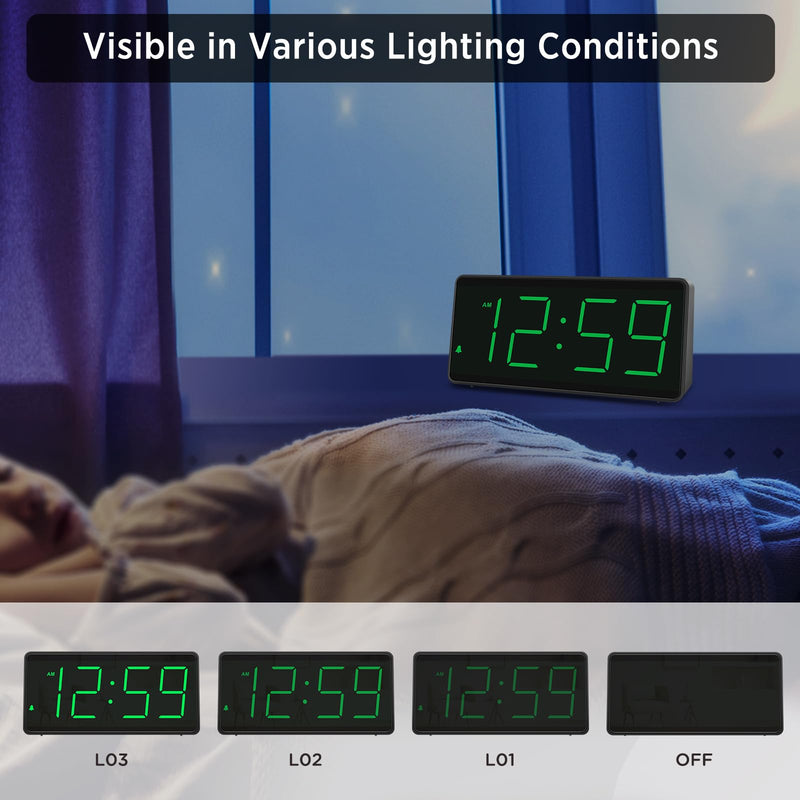 Peakeep Battery Operated Digital Alarm Clock for Bedrooms - Cordless Large Big Numbers 4 Dimmers, Auto Dimming for Seniors, Adjustable Volume Loud Alarm Clock for Heavy Sleepers Adults (Green Digits) Green Digits