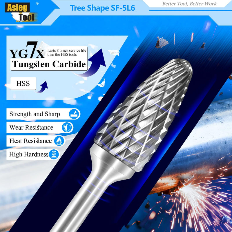 SF-5L6 Tungsten Carbide Burr Rotary File Tree Shape Radius End Shape Double Cut for Die Grinder Drill Bits 1/4'' Inch Diameter of Shank and 1/2'' Inch Diameter of Cutter 1'' Inch Cutter Length SF-5L6