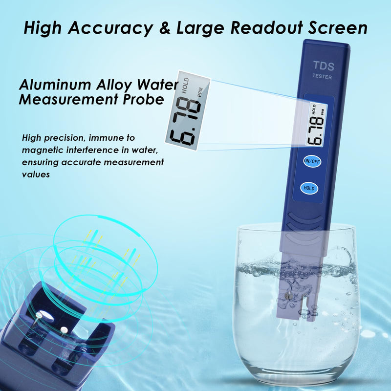 TDS Water Tester, 3 in 1 Drinking Water Tester, 0-9990 PPM Meter Water Quality Tester, Portable Water Tester for Drinking Water, TDS Meter Digital Water Tester, 1 Pack, Deep Blue
