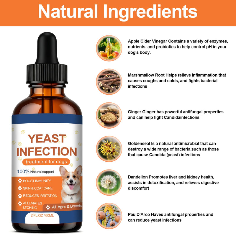Yeast Infection Drops for Dogs, Yeast Infection Treatment for Dogs - Dog Ear, Paw & Skin Itch Relief, Improves Coat & Skin, Inflammation Relief - 2 fl oz (60ml) (1)