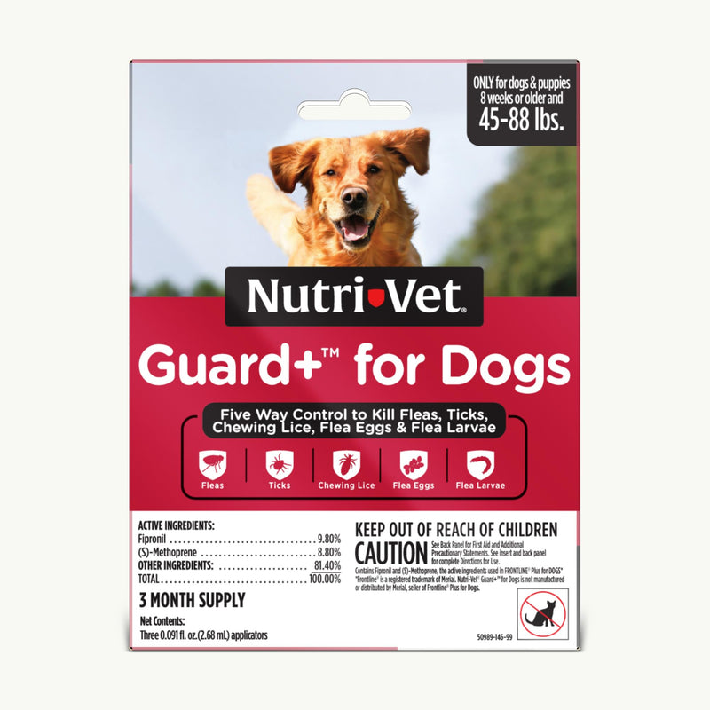 Nutri-Vet Guard+ for Dogs, Flea and Tick Prevention Spot On Drops, Topical Treatment for Dogs 45-88 lbs, Puppy Essentials, Waterproof Formula, 3 Monthly Doses, 90 Days of Protection Large