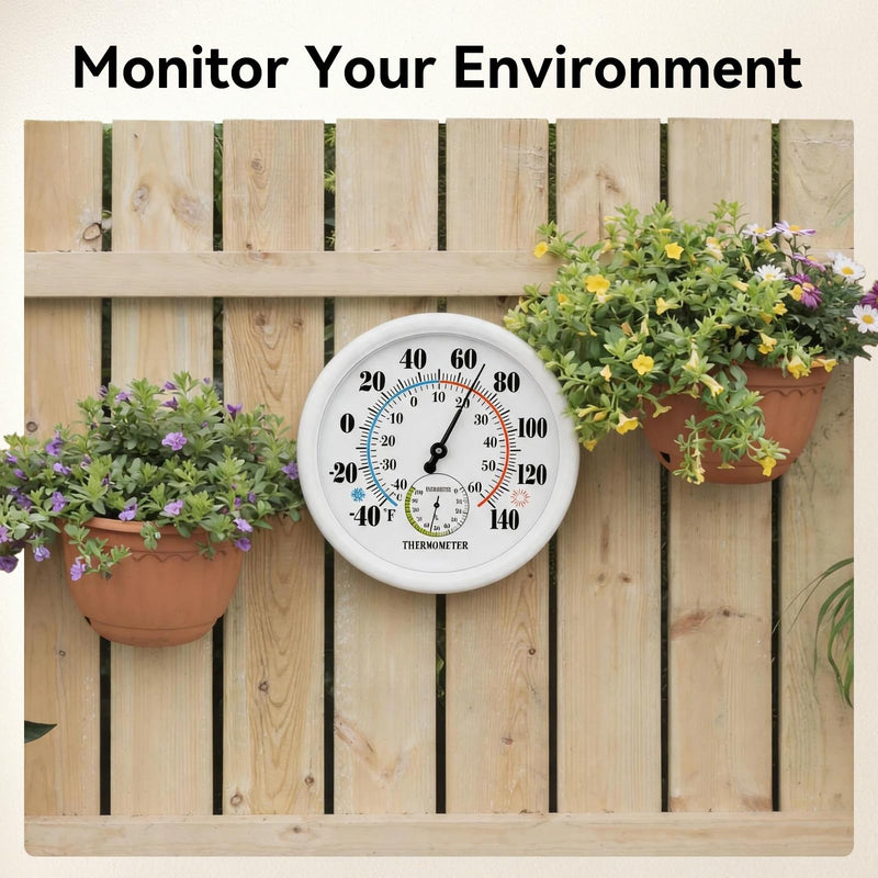 Outdoor Thermometer Waterproof, 10 Inch Large Wall Mount, Easy to Read Outdside Thermometer Hygrometer, Analog Temperature Humidity Gauge for Indoor, Patio, Garden, Garage, White