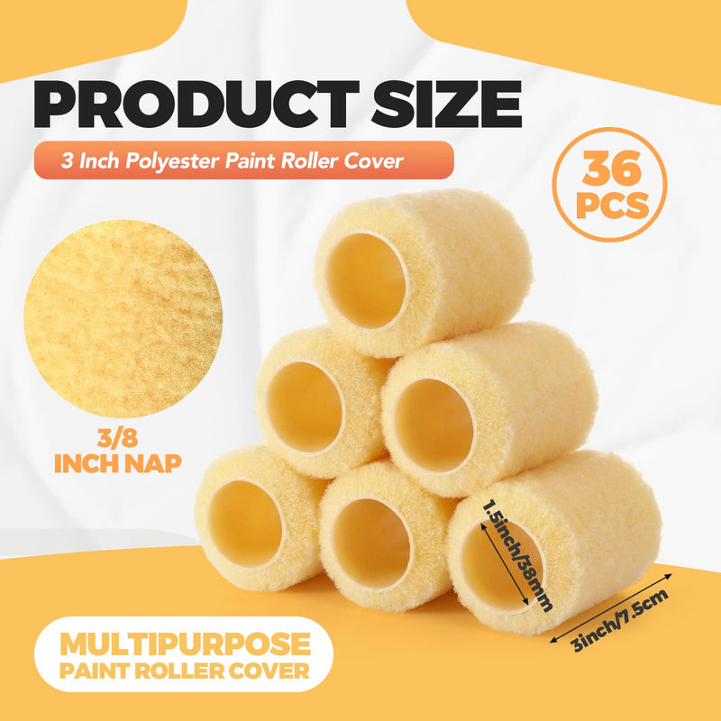 Pinkunn 36 Pcs 3 Inch Paint Rollers Brush Covers,3/8" Naps,Yellow Yellow