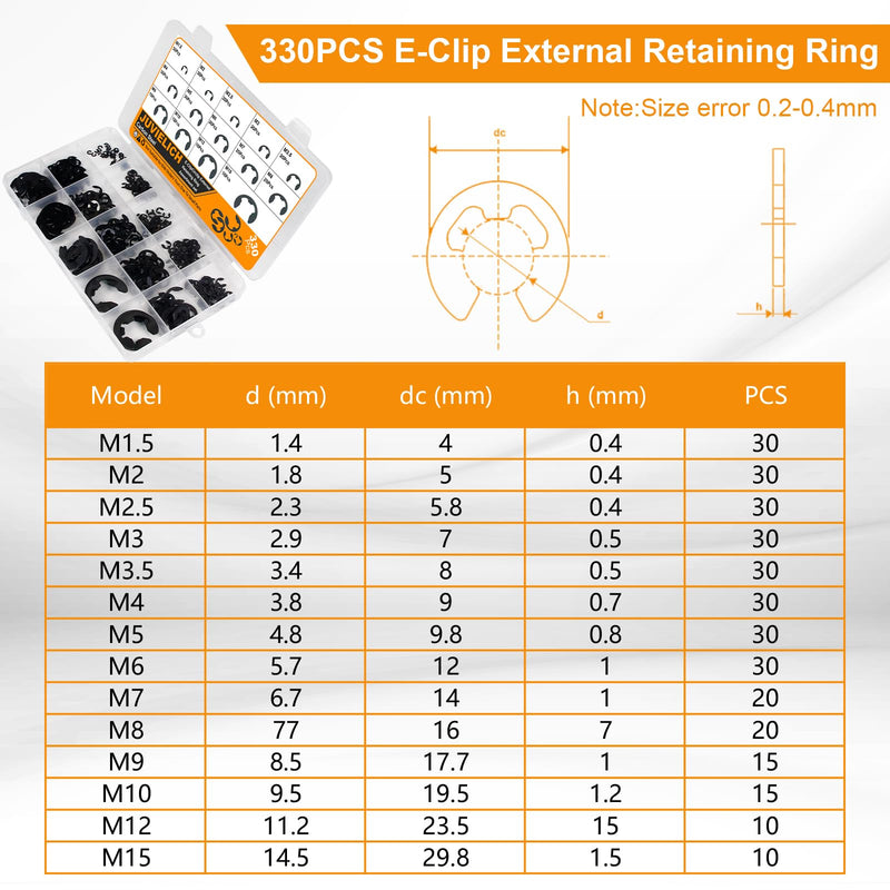 E Clip Circlip Assortment Kit 330PCS 14 Size Carbon Steel External Retaining Rings Washer E-Ring Metric Circlip Rings Kit for Bearings Gears Pulleys and Axles Includes Sizes of M1.5-M15 Black Alloy 330PCS E-Clips