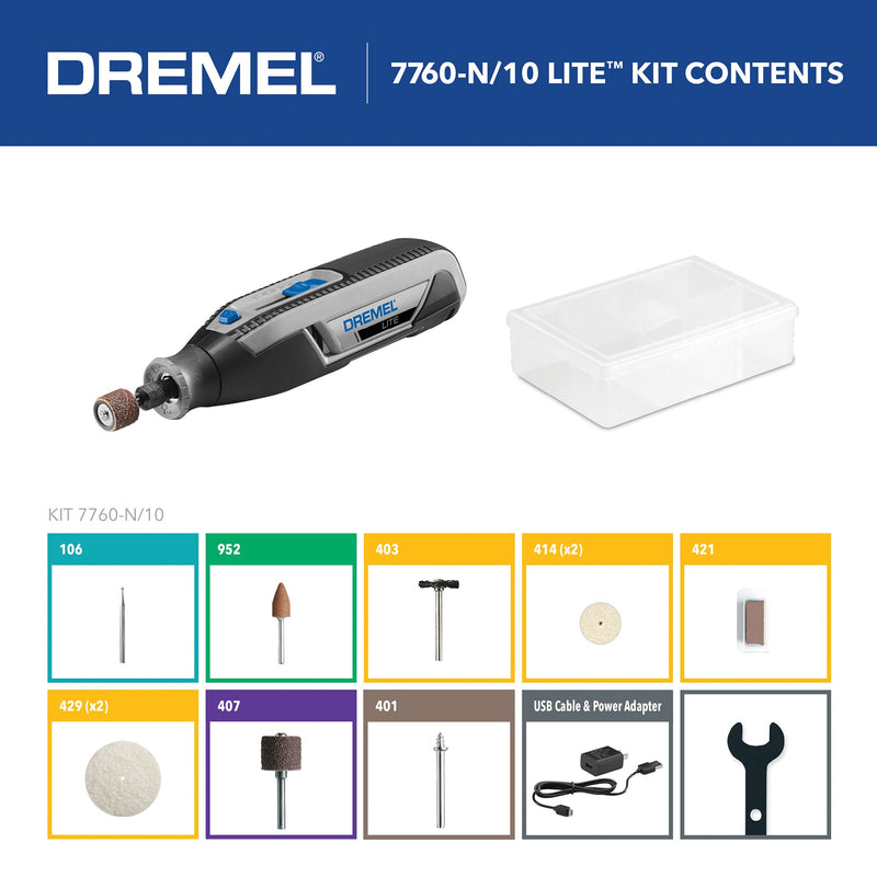Dremel Lite 7760 N/10 4V Li-Ion Cordless Rotary Tool, Variable Speed Multi-Purpose Kit, USB Charging, Easy Accessory Changes - Perfect For Light-Duty DIY & Crafting, Sanding, Engraving and Polishing Rotary Tool 7760-N/10 Original Kit