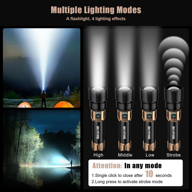 SKYFIRE LED Flashlights High Lumens with Ignition Lens,2000lm Super Bright Rechargeable Flashlight, Zoomable,Four Modes,Waterproof Tactical Flash Light for Camping Essentials,Outdoor and Home,Gift Rechargeable Flashlight-Black & Gold with Ignition Lens