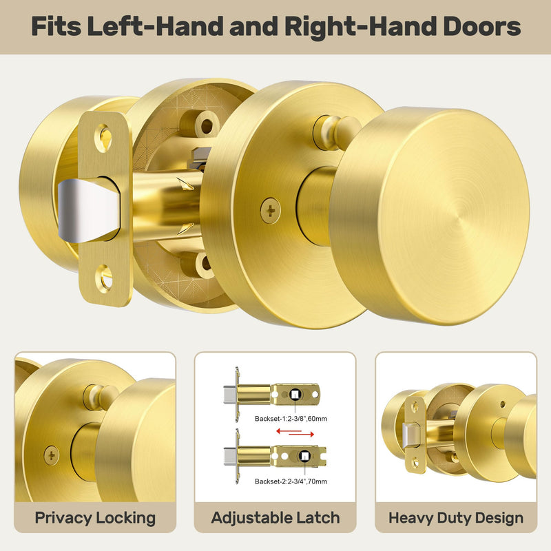 Gold Door Knob Privacy Door Knobs Interior Satin Brass Door Knobs Modern Round Door Handles for Bedroom and Bathroom Brushed Gold Door Knob 1 Pack Privacy