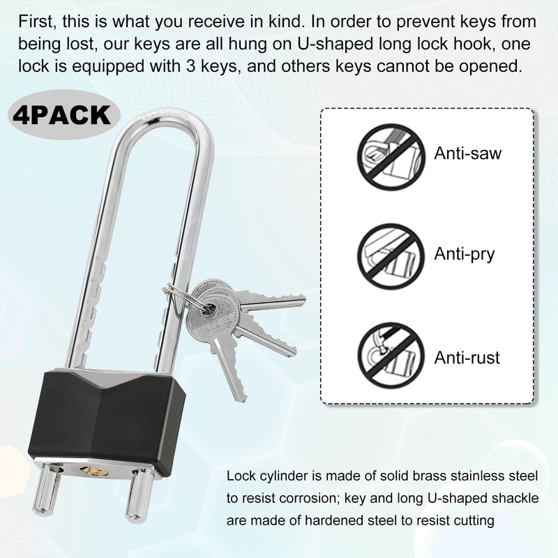 4 Pcs Long Shackle Padlock with Key 2 Inch Solid Brass Removable Adjustable Length Black Shackle for Gates, Cabinets, Motorcycle, Bike Lock