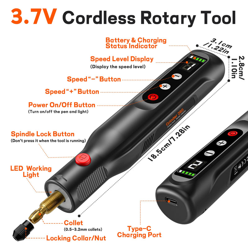 Cordless Rotary Tool Kit 20000RPM, 5-Speed Rechargeable Engraving Pen for Metal, Wood, Glass and Plastic, Power Rotary Tools with 113 Accessories & LED Light, Electric Carving Pen for DIY