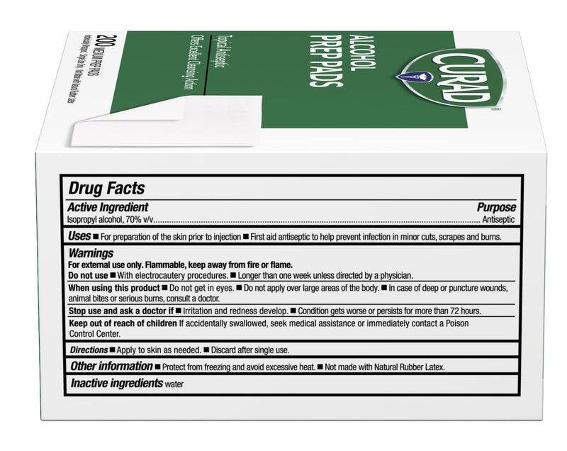 Curad Alcohol Disinfectant Prep Pads, 2-ply, Medium Size, 200 Count 200 Count (Pack of 1)