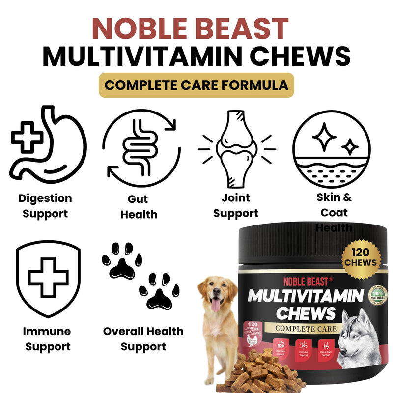Noble Beast Dog Multivitamin Supplements, Soft Chews with Probiotics, Glucosamine Chondroitin Joint Support, Digestive Enzymes, Immune Support Vitamins for Skin & Coat, Chicken Flavor - 120 Count