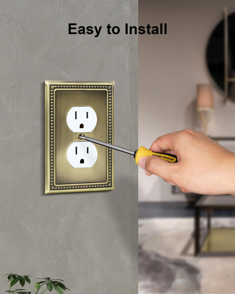 4-Pack Duplex Outlet Cover Plate, Antique Brass Metal Wall Plates for Electrical Outlets, 1 Gang Receptacle Cover, Pearls Decorative Switch Plates and Outlet Covers Single Duplex 4PK