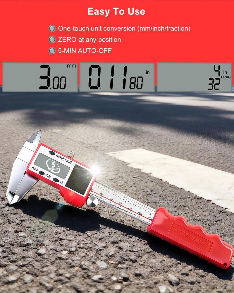 GODESON Solar Powered Digital Caliper, 6“ Digital Calipers with 0.001" Accuracy Stainless Steel, 3 Units Inch/mm/Fraction, 5 Modes Including Differential, for DIY Woodworking Metalworking 3D Printing