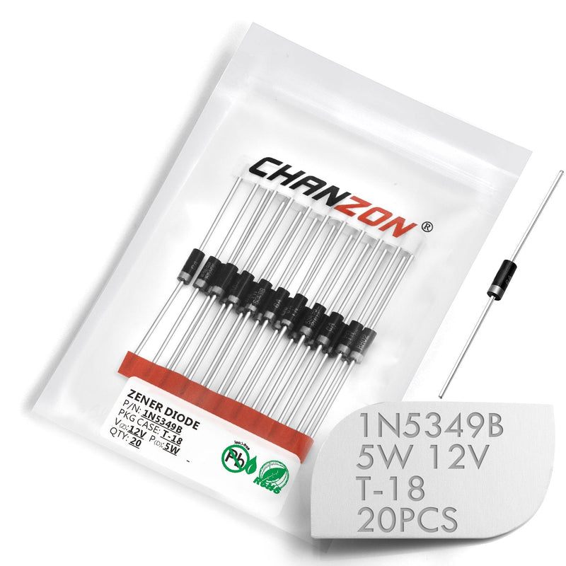 (Pack of 20 Pcs) Chanzon 1N5349B 5W 12V Zener Diode 1N5349 12V T-18 (CASE17-02) Axial Power Diodes [1] 1N5349B