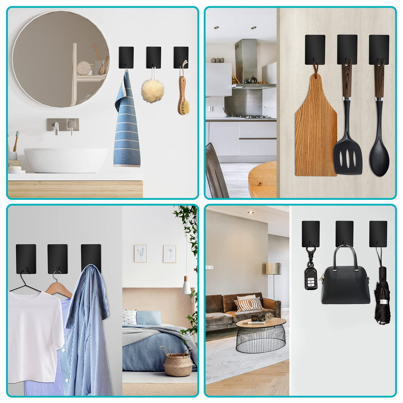 Adhesive Hooks Heavy Duty, Long Stainless Steel Self Adhesive Wall Hook, Sticky Towel Hangers for Kitchen Bathroom, Waterproof Stick on Door Hooks for Hanging Key Hat Coat 4Pack(Black) 4Black