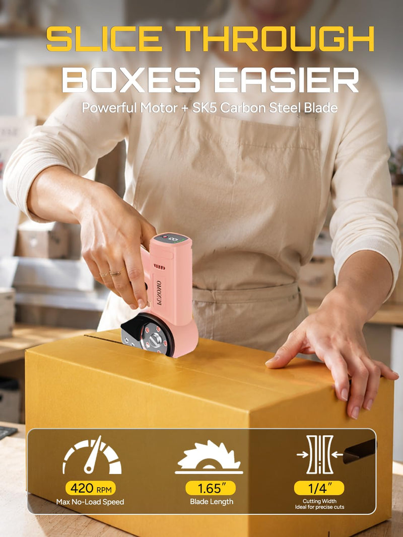 Rechargeable Cordless Electric Scissors Led Display: Electric Cardboard Box Cutter with 3 Safety Blades & Storage Pouch 5-Speed Settings - Cuts Cardboard, Leather, Fabric, and Plastic Pink