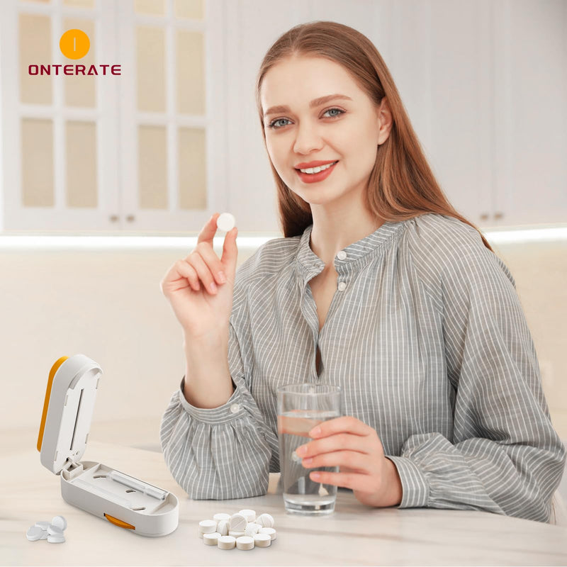 Pill Cutter Splitter for Small & Large Pills, Adjustable Pill Splitter with Safety Guard Hidden Sharp Stainless Steel Blade, Portable Tablets Cutter Cutting Tablets in Half at a Time (Grey)