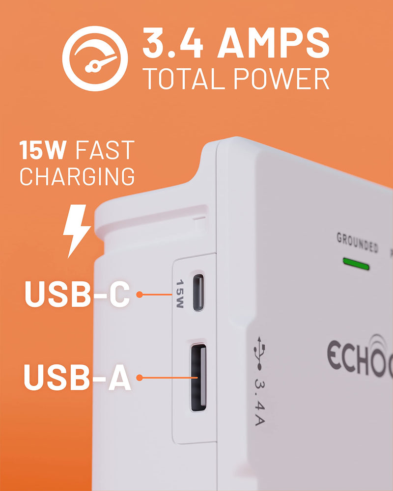 ECHOGEAR Wall Outlet with USB Ports & Surge Protection - Power Protect 8 Devices 6 Rotating AC Plugs 2 Includes 1x USB-C Port USB-A White White With USB-C & USB-A