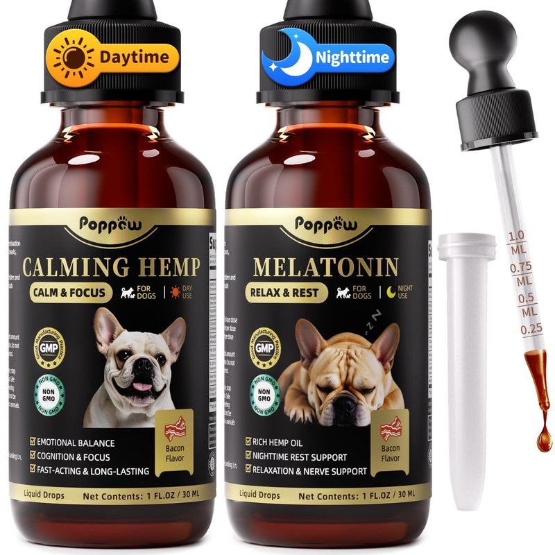 Dog Calming & Melatonin Drops, Day & Night Calm Support Set, Anxiety & Stress Support Calming Treat, Enhance Calmness & Sleep for Separation, Travel, Fireworks & Thunder, Bacon Flavor, 2 FL.Oz Calming & Melatonin Set