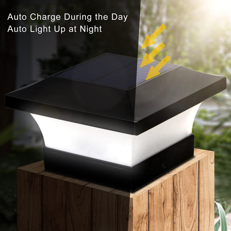 T-SUN Solar Post Lights, Waterproof Outdoor Solar Post Cap Lights for 4 X 4 Wooden Posts, 6000K White LED Lighting, Deck, Patio Garden Decor or Fence(2 Pack) 2 Pack