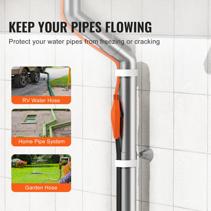 VEVOR Pipe Heating Cable, 18-feet 7W Heat Tape for Pipes with Built-in Thermostat, Protects PVC Hose, Metal and Plastic Pipe from Freezing, 120V 18FT