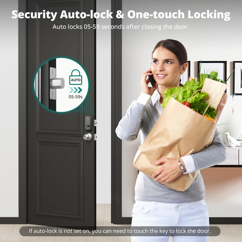 DS10 Keyless Entry Door Lock with Fingerprint, Electronic Keypad, 2 Keys, Auto-Lock & One Touch Locking, Easy Installation, Satin Nickel