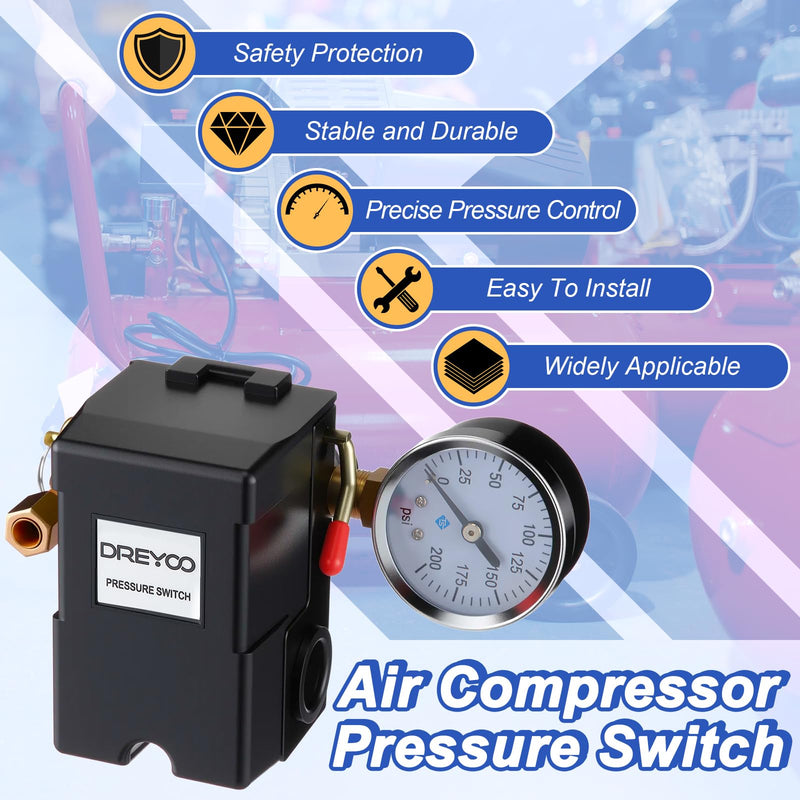 Dreyoo Air Compressor Pressure Switch 90-120 4-Port 20 Amp with 0-200 PSI Gauge and 200 PSI Safety Relief Valve, 1/4" NPT Replacement Pressure Switch Parts for Air Compressor 90-120 PSI