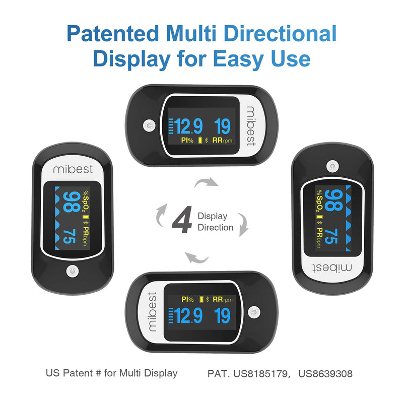 Mibest CN368R Bluetooth Pulse Oximeter - Blood Oxygen Saturation Monitor with App - SpO2, Pulse Rate, Respiration Rate, Plethysmograph and PI - Compatible with iOS & Android Smartphones - Free App