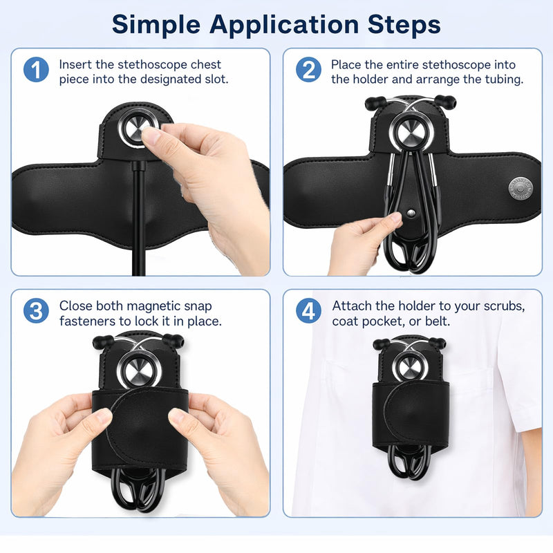 Stethoscope Holder for Scrubs, Magnetic Hands-Free Stethoscope Holder Clip Black PU Leather, Portable for Scrubs Belts Lab White Coats, Scrub Accessories Gifts for Nurses Doctors Medical Students EMTs