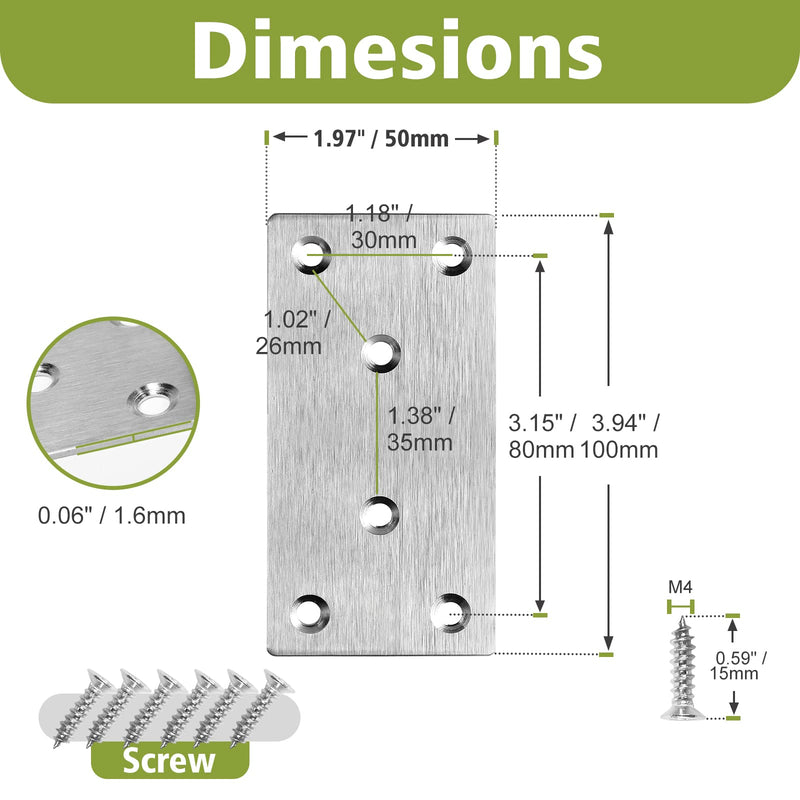4 x 2 Inch Flat Straight Brace Bracket, Silver Flat Mending Plate Stainless Steel Fixing Corner Brace for Wood Furniture ( 100 x 50 x 2mm, 6 Pcs)