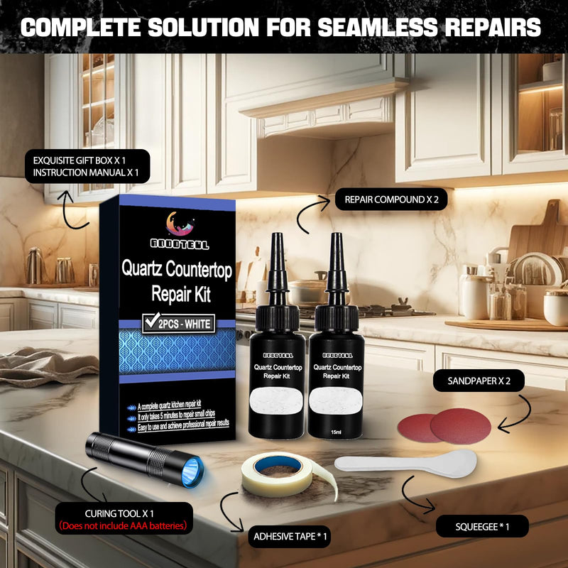 Premium Quartz Countertop Repair Kit, 2pcs White Granite And Marble Chip Repair Kit, Quickly Repair Kitchen Countertops, Scratches, Cracks countertop chip repair kit