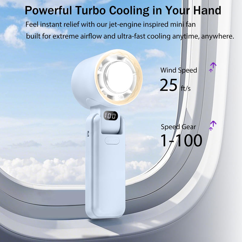 Portable Handheld Fan with Ice Cooler – 13000RPM Turbo Fans, 3-in-1 Rechargeable Mini Personal Fan, 100 Adjustable Speeds, 3600mAh Battery, for Travel, Outdoor, Office, and Personal Use Light blue