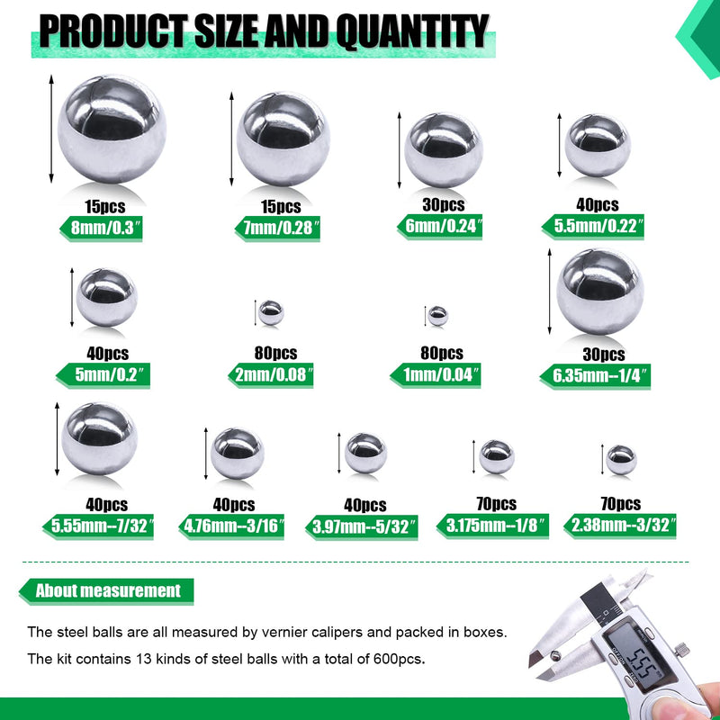 KNLN/600PCS 12 Size Bicycle Bearing Balls Stainless Steel Precision Steel Balls Stainless Steel Assorted Loose Kit 1mm,2mm,5mm,5.5mm,6mm,7mm,8mm,1/4" 7/32" 3/16" 5/32” 1/8" 3/32" N-036-600PCS