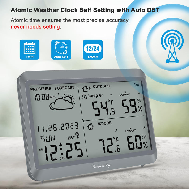 DreamSky Weather Station Indoor Outdoor Thermometer Wireless - Atomic Clock with Indoor/Outdoor Temp, Date & Day, Battery Powered, Home Weather Forecast Clock with Inside Outside Temperature Humidity Grey