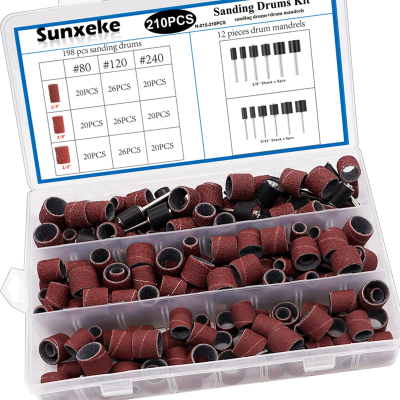210 Pieces Sanding Drum Set,Including 198 Pieces Aluminum Oxide 80 120 240Grit Drum Sander Sanding Sleeves and 12 Pieces Drum Mandrels for Dremel Rotary Tool,Sanding Drums with Box