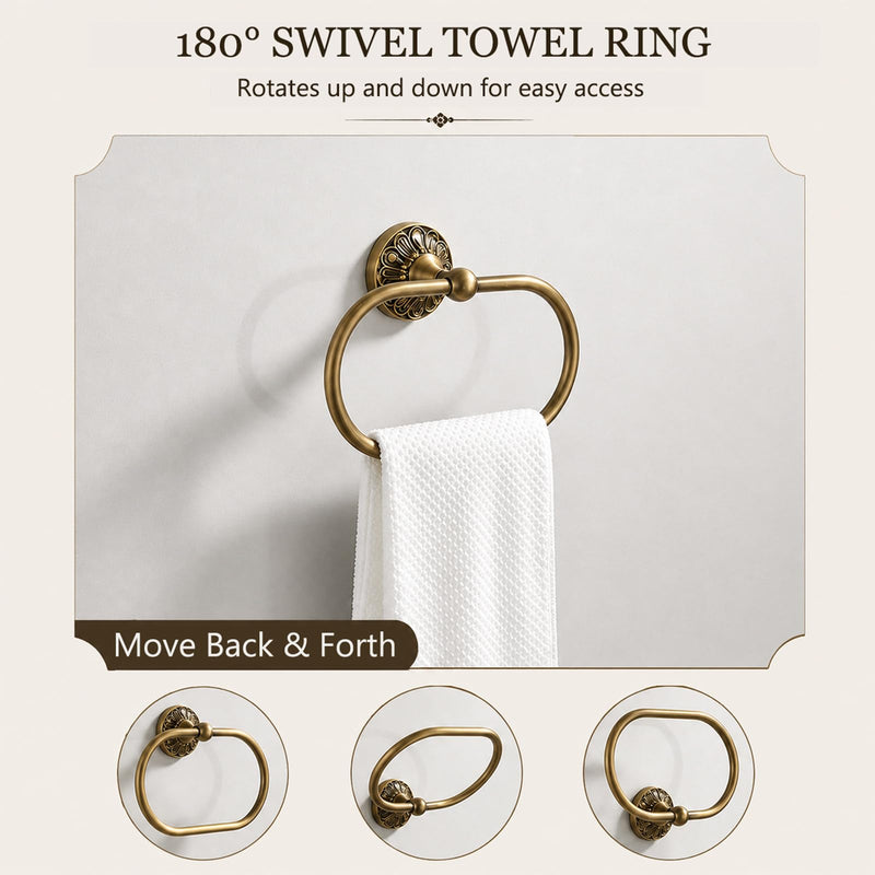 Antique Brass Toilet Paper Holder & Hand Towel Ring Set | Wall Mounted Oval Towel Ring with 180° Swivel & Concealed Screws, 2 Piece Rustproof Vintage Gold Brushed Bathroom Hardware