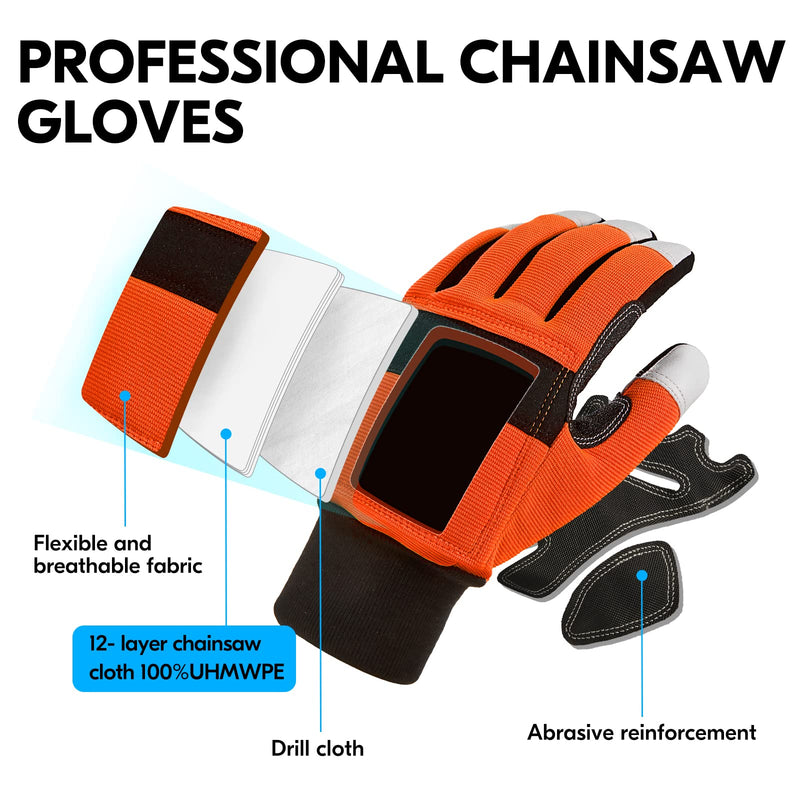 Vgo... Chainsaw Gloves, 12-Layer Chainsaw Protection on Both Hand Back, leather Work Gloves, Mechanic Gloves X-Large(1 Pair) Orange(knitted Cuff)